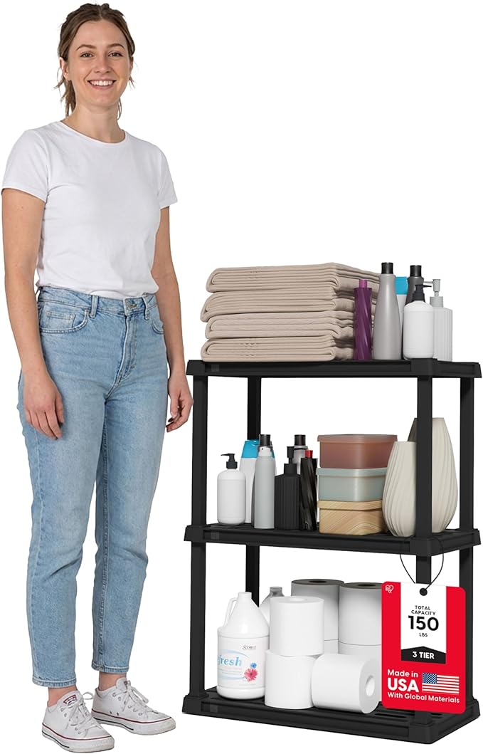 IRIS USA 3-Shelf Light Duty Plastic Storage Shelves, 150lb Capacity, 33" H x 24" W x 12" D, Medium Modular Shelving Unit Storage Organizer for Bathroom, Laundry, Garage & Home, Storage Rack - Black IRISUSA