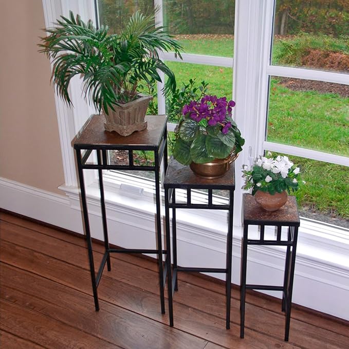 Zhongma Set of 3 Metal Plant Stand with Slate Top Square Flower Shelf without Installation Required Zhongma