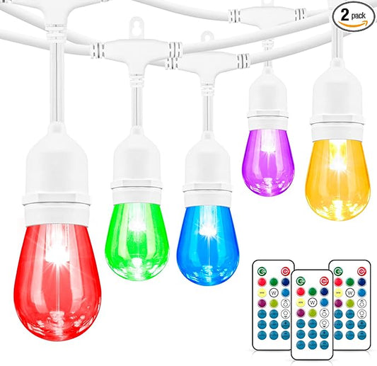 Mlambert 96Ft(2x48ft) Outdoor Patio Lights, RGB Cafe String Lights with Remote Control and 30+5 Dimmable LED Bulbs for Backyard Graden-White 2 Pack Mlambert