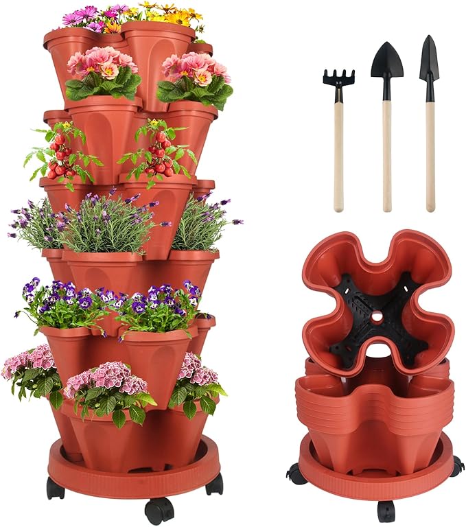 DUNCHATY Stackable Planters 6 Tier Vertical Garden Planting Tower Planters Strawberry, Herb, Flower, and Vegetable Planter Indoor Outdoor Gardening Pots with Removable Wheels and Tools DUNCHATY