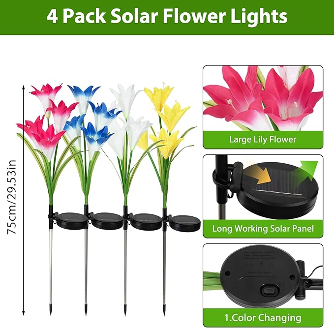 echosari 4 Pack Color Changing Solar Lights Outdoor Waterproof, Solar Lily Flower Stake Lights Auto ON/Off Solar Garden Lights for Lawn Pathway Landscape Garden Gifts for Mom Women Grandma echosari