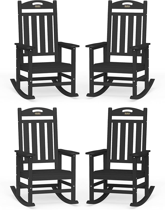 Oversized Outdoor Rocking Chairs Set of 4, High Back Porch Rocker Chair, HDPE All Weather Resistant Rocking Chairs for Patio, 380lbs Weight Capacity, Black Suunyn