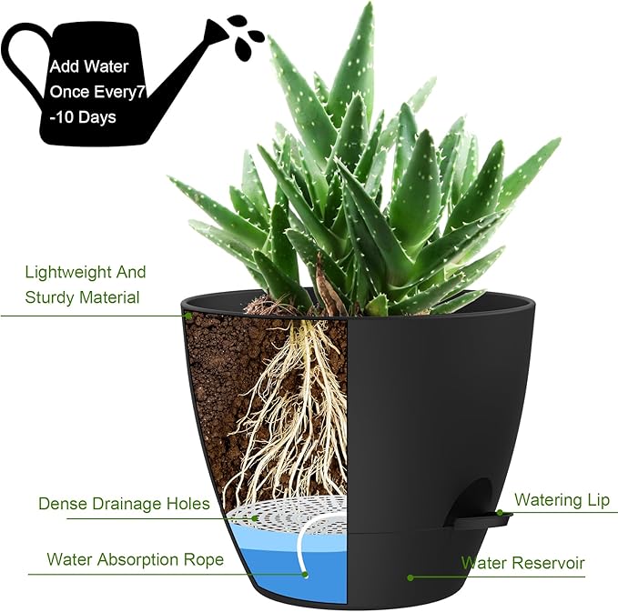 12 Inch Large Self Watering Pots, Flower Pots with Multi-Mesh Drainage Holes and Saucer, Planters for Indoor and Outdoor Garden Plants (Black) Rootora