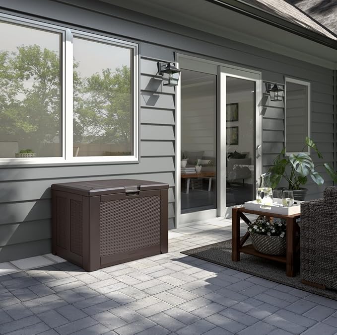 Rubbermaid Medium Resin Outdoor Storage Deck Box (74 Gal) Weather Resistant Brown Deck Organization for Home/Backyard/Pool Chemicals/Toys/Garden Tools/Porch/Patio Cushions Rubbermaid