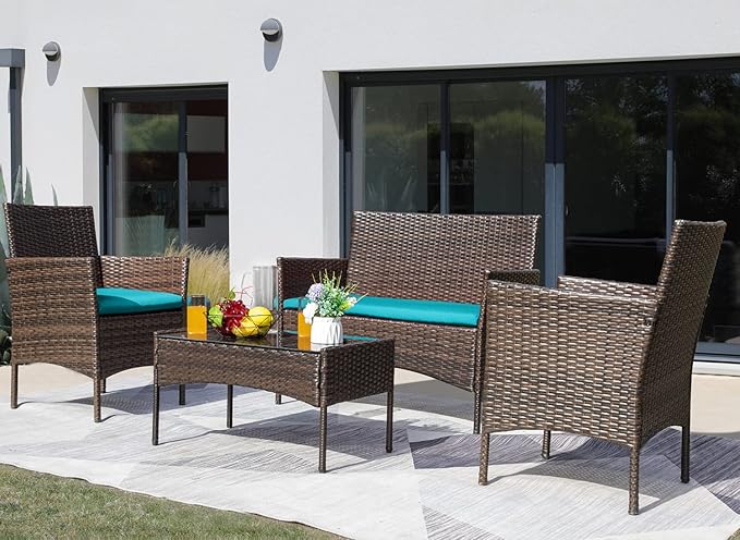 Greesum Patio Furniture 4 Pieces Conversation Sets Outdoor Wicker Rattan Chairs Garden Backyard Balcony Porch Poolside loveseat with Soft Cushion and Glass Table, Brown and Blue BuynowfromGreesum