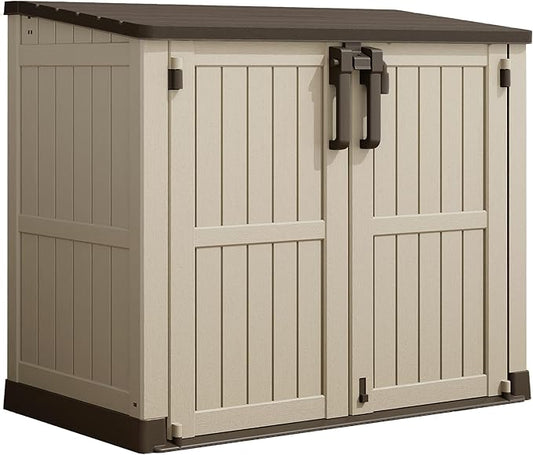 LHBcraft Waterproof Outdoor Storage Box 36 Cu Ft with Lockable Doors, Portable Horizontal Resin Storage Shed, Easy to Assemble, Outdoor Storage Cabinet for Backyards, Brown-Beige LHBcraft