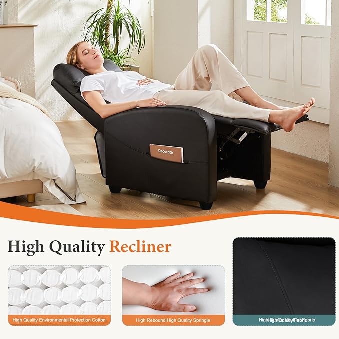 Sweetcrispy Recliner Chair PU Leather Recliner Sofa No Massage, Home Theater Seating with Lumbar Support, Adjustable Push Back Overstuffed High-Density Sponge Reclining for Living Room, Black Sweetcrispy