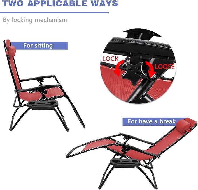 Homall Zero Gravity Patio Folding Lawn Reclining Lounge Chairs Outdoor Gravity Camp Chairs with Cup Holder Pillows for Poolside Backyard and Beach Set of 2 (Red) Homall
