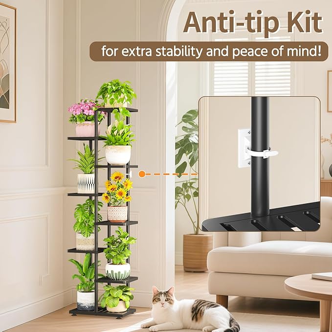LASZOLA 7 Tier Plant Stand Indoors Outdoors for Large Heavy Duty Planter, Black Metal Tall Flower Holder Rack with Multiple Shelf for Modern Patio Corner, Vertical Organizer, Weather Resistant Bracket LASZOLA