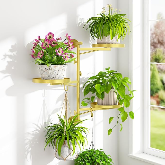 iDavosic.ly Rotating Window Plant Shelves, 3-Tier Metal Wall Stand with 2 Hooks, Flower Display Holder Rack for Living Room, Space Saving, Gold (Pots/Chains/Plants Not Included) iDavosicly