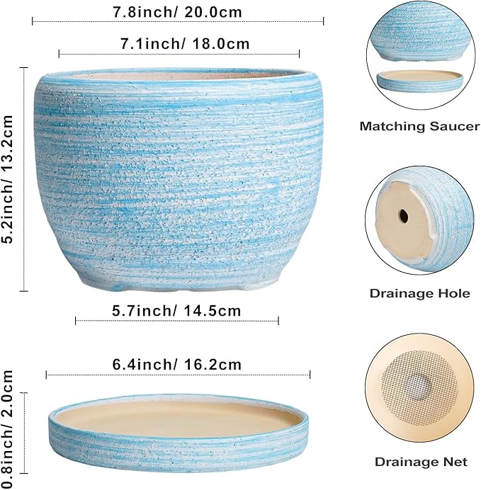 SQOWL Ceramic Planter - 8 inch Pot for Plants Indoor Outdoor, Modern Ceramic Flower Pot with Drainage Hole and Saucer, Decorative Round Planter, Home Office Decor, Plant Lovers Gifts, Blue SQOWL