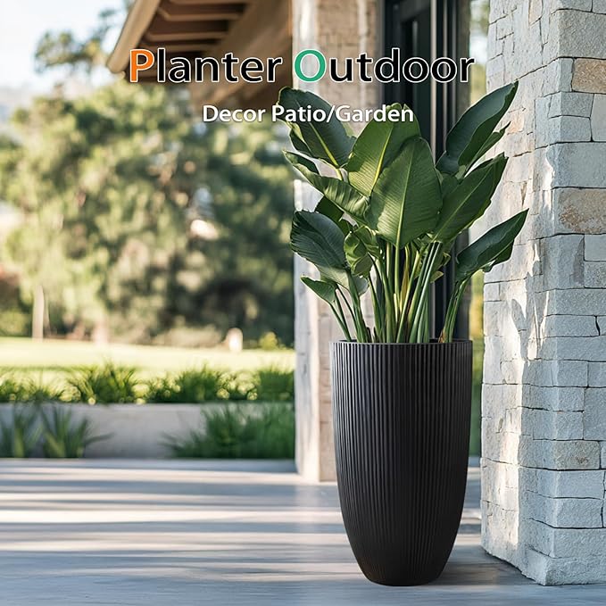 Tall Planters for Outdoor Plants, Large Concrete Flower Pots for Garden Front Porch, Patio, Indoor (Vertical Black) Heyzier