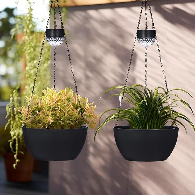BAYN 2 Packs Solar Hanging Basket Planters for Plants Outdoor, Self Watering Black Flower Plants Pots with Solar Light Drainer for Balcony Patio Garden Outdoor Decoration BAYN