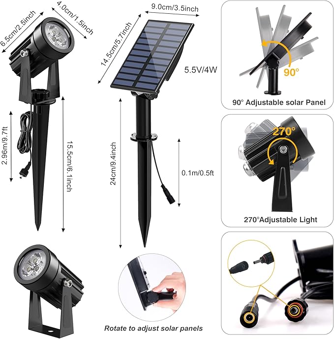 Solar Spot Lights Outdoor, Solar Landscape Spotlights IP65 Waterproof 9.8ft Cable,Auto On/Off Outdoor Wall Lights for Garden Yard Driveway Porch Walkway Pool (3000K Warm White) CREPOW