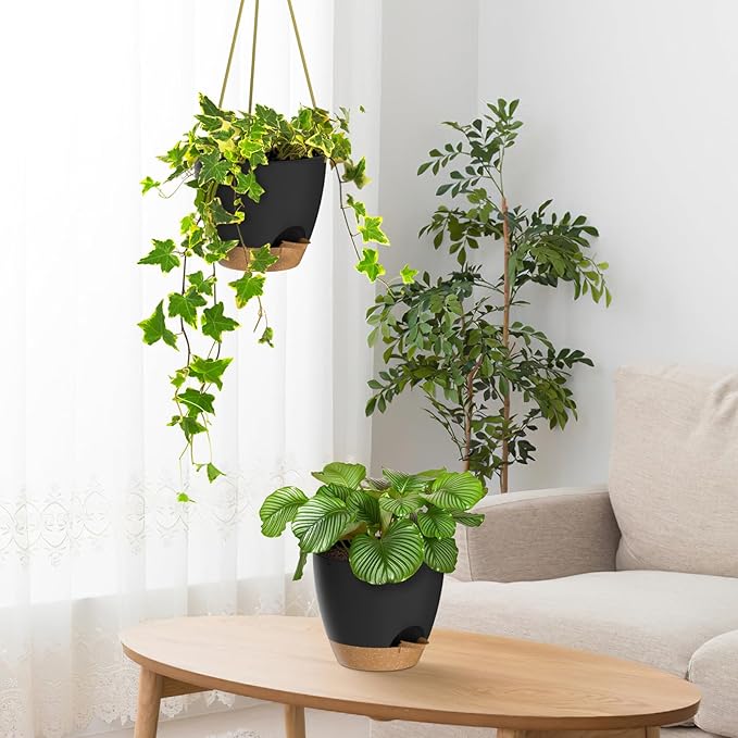 ZMTECH 6.5 Inch Hanging Planters for Indoor Outdoor Plants, 2 Pack Self Watering Hanging Plant Pots with Drainage Holes and Removable Saucer, Plastic Flower Hanging Pots with Watering Lip (Black) HighQualityGardeningTools