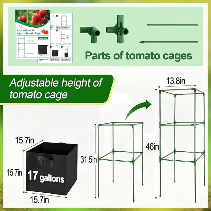 ANPHSIN 3 Sets Tomato Cages with 17 Gallon Grow Bags - 46'' Heavy-Duty Plant Support Trellis Tomato Planter Pots Kit, Garden Vegetables Cucumber Flowers Vertical Climbing Plants Vines ANPHSIN