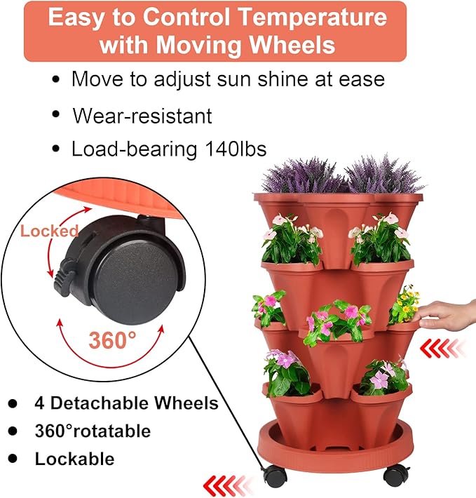 DUNCHATY Stackable Planters 4 Tier Vertical Garden Planting Tower Planters Strawberry, Herb, Flower, and Vegetable Planter Indoor Outdoor Gardening Pots with Removable Wheels and Tools DUNCHATY