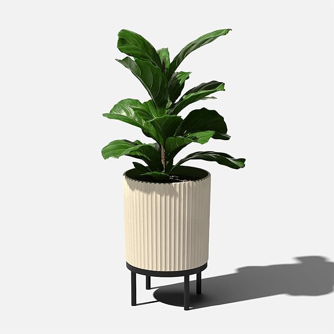 Veradek Demi Series Round Planter w/ Stand for Porch/Patio | Durable Plastic-Concrete & Wooden Stand | Modern Décor for Tall Plants, Flowers VeradekOutdoor