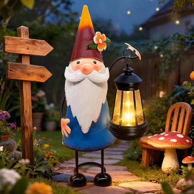 Solar Garden Gnome Statue with Lights,14.56in Tall Solar Gnome Garden Sculptures, Birthday Gift for Woman Grandma Big Metal Decorative for Outdoor Patio Porch Ornaments Lawn Yard Balcony yulloyello
