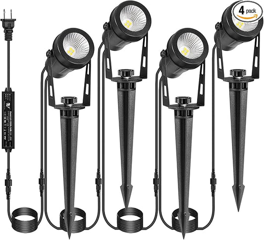 Outdoor Landscape Lighting, 4 Pack LED Outdoor Spot Lights with Transformers, 12V Warm White Low Voltage Landscape Lights IP65 Waterproof Plug in Spotlight for Yard House Pathway Tree Pools IRISECO