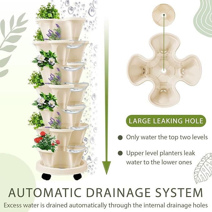 Umigy 2 Set of 7 Tier Vertical Planter Stackable Tower Planters Strawberry Herb Flower and Vegetable Pots Indoor Outdoor Gardening Pots with Removable Wheels and Tools(Beige) Umigy