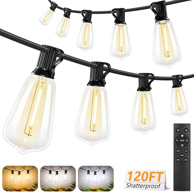 Brightever 3 Color in 1 LED Outdoor String Lights with Remote, 120FT Patio Lights Outdoor Waterproof with 38 Vintage Edison Bulbs, 3 Modes 2 Timer Dimmable String Light for Outside, 2700K/4000K/5000K Brightever