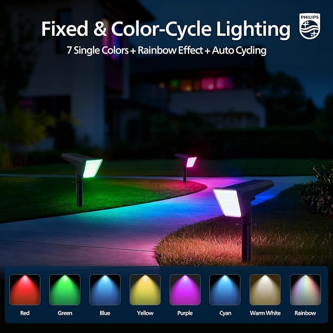Philips 6 Packs Solar RGBW Spot Lights Outdoor, 18 LED Solar Powered Landscape Lights, 9 Lighting Modes Color-Changing Dusk to Dawn Waterproof Pathway Spotlights for Garden Trees Halloween Christmas PhilipsLightingLED