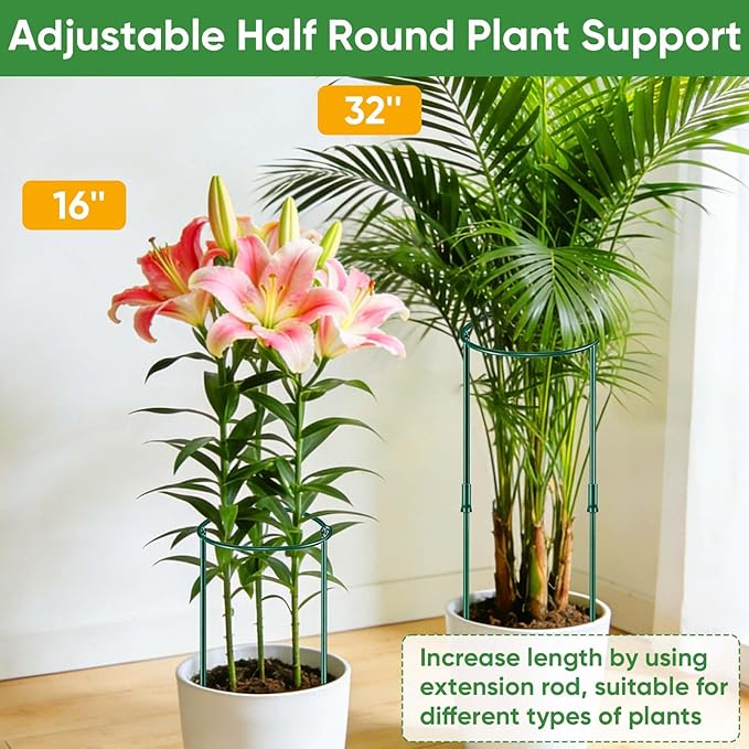12 Pack 32 or 16 inch Adjustable Plant Support Stakes, Heavy-Duty Half Round Peony Support, Garden Plant Stakes Cage for Outdoor Plants, Peony, Tomato, Hydrangea, (16In Support +16In Extension Tubes) HiGift