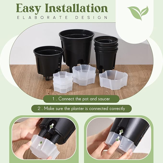 Self Watering Pots for Indoor Plants with Deep Reservoir and High Drainage Holes for Outdoor Plants and Flowers, Bare Root Planter(4.72'', 5.91'', 7.09'',Black,9 Pcs) Wonderjune