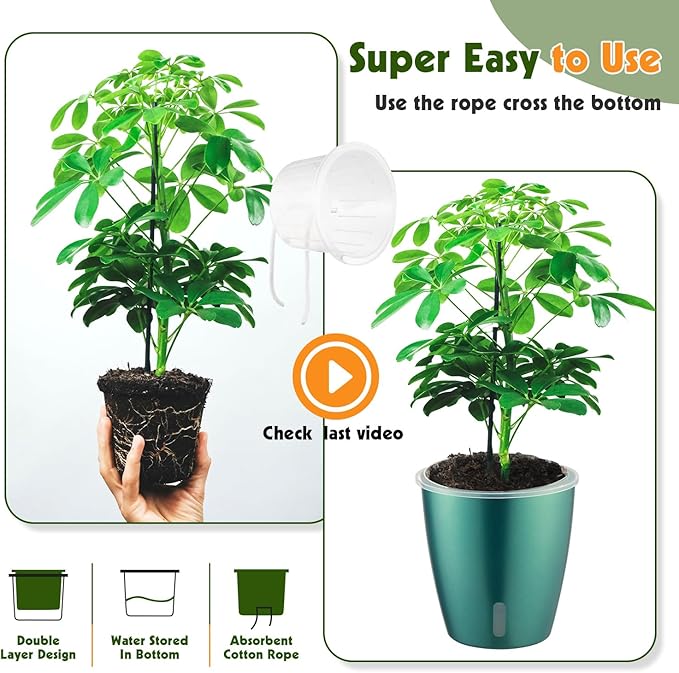 Self Watering Pots for Indoor Plants, 4-Pack 6.7'' Self Watering Planter with Drainage Holes, Small African Violet Pots with Water Indicator, Clear Wick Orchid Pot, Blue Gold KvyusFlourish