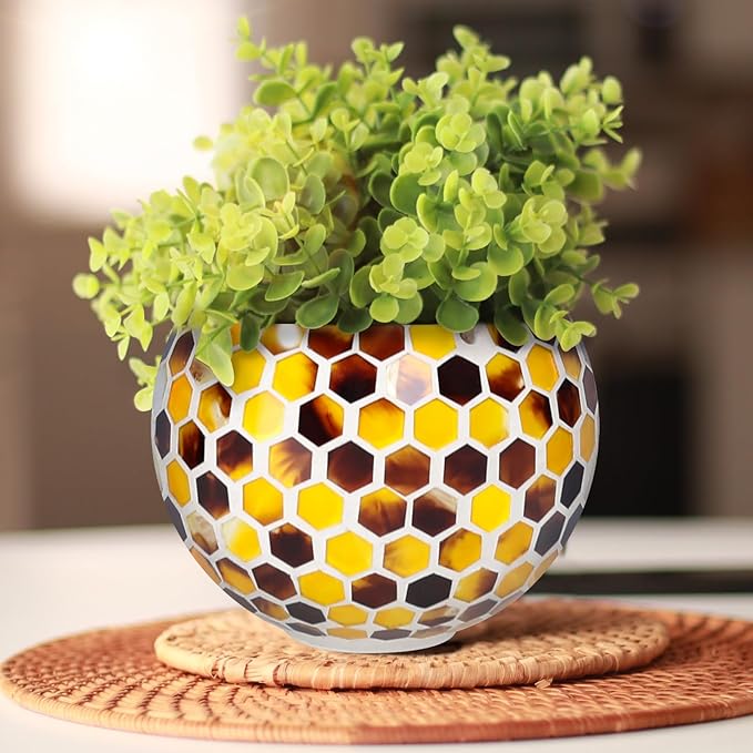 Hanging Planter Mosaic Garden Pot Small Flower Pot for Indoor Plant Disco Ball Hanging Planter with Drainage Yellow Bee Chonsun