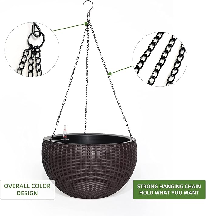 Dexceder 13.5 Inch Large Self Watering Hanging Planters Indoor Outdoor, Thickened Hanging Basket Flower Plant Pot with Water Level Indicator (Brown) Dexceder