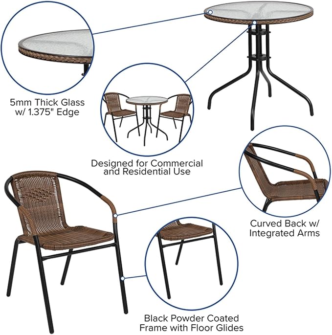 Flash Furniture Lila 28'' Round Glass Metal Table with Dark Brown Rattan Edging and 2 Dark Brown Rattan Stack Chairs FlashFurniture