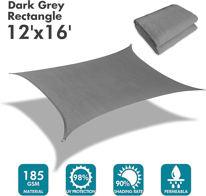 KANAGAWA Sun Shade Sail 12'x16' Dark Gray Rectangle UV Block Canopy Awning Shelter Fabric Cloth Screen for Outdoor Patio Garden Backyard Activities KANAGAWA