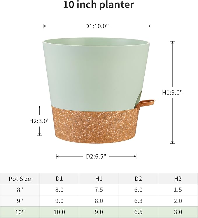 FaithLand 2-Pack 10 Inch Planter Pots for Indoor Outdoor Plants, Self Watering Flower Pots with Deep Reservoir, Green with Terracotta … FaithLand