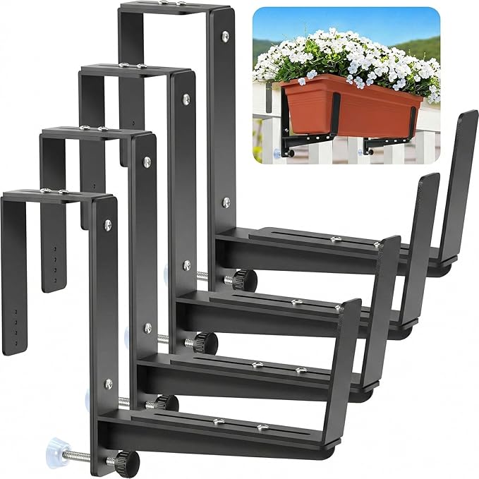 Window Box Brackets, Adjustable Planter Box Brackets, Heavy Duty Iron Flower Box Brackets for Railings, with Enhanced Bottom Support - Perfect for Balconies, Fences, and Gardens (Black, 4 Pack) VOXOR