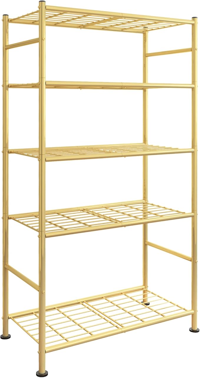 Storage Shelves - 5 Tier Shelf Organizer, Heavy Duty Garage Shelving Unit with Leveling Feet, Stable Metal Shelves Organizer for Pantry, Kitchen and Closet, 33.0" W x 12.6" D x 72.0" H, Gold Sakugi