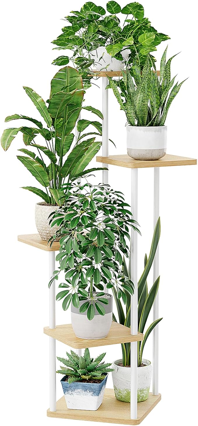 Bamworld White Plant Stand Indoor 5 Tier Plant Shelf for Multiple Plants Corner Flower Stand Metal Wood Plant Table for Patio Garden Balcony Living Room Bedroom Bamworld