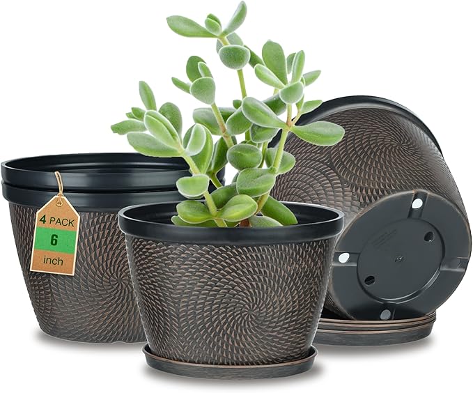 Quarut 4 Pack 6 Inch Flower Pots for Outdoor Indoor, Plastic Plant Pots with Drainage Hole & Saucer, Lightweight Small Flower Pot, Circle Pattern Planters for Garden House planters（Brown） Quarut