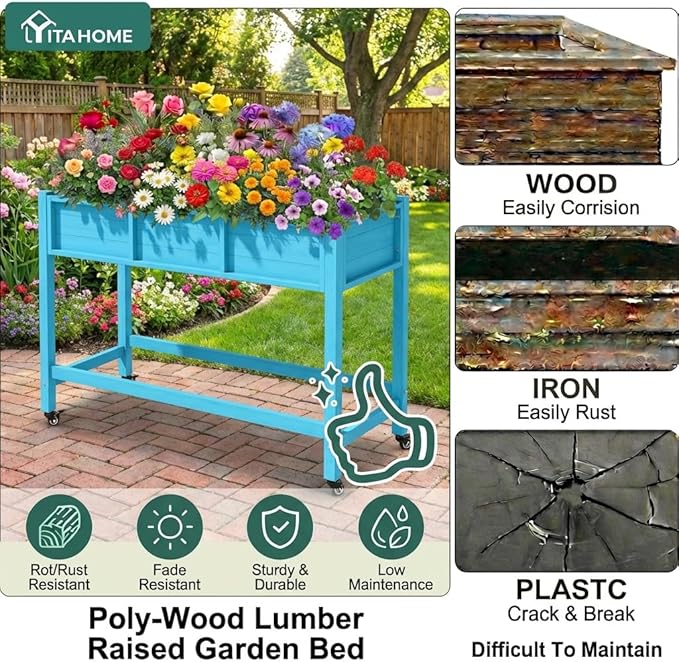 YITAHOME Raised Garden Bed HDPE, 47x18x31In Raised Flower Bed Poly-Wood Weather-Resistant Elevated Planter Box with Lockable Wheels for Vegetables, Aruba Blue YITAHOME
