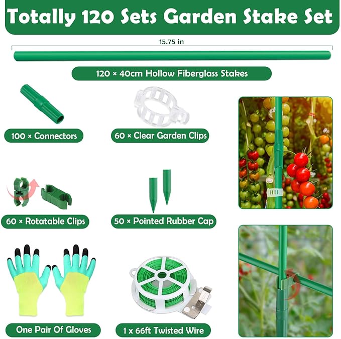 Cludoo 393PCS Garden Stakes Set with 120 Sets Fiberglass Plant Stakes Sticks Supports and Accessories, DIY 4ft 5ft 6ft 7ft Tomato Stakes for Tomato,Vegetables, Pepper, Indoor Outdoor Spring Plants Cludoo