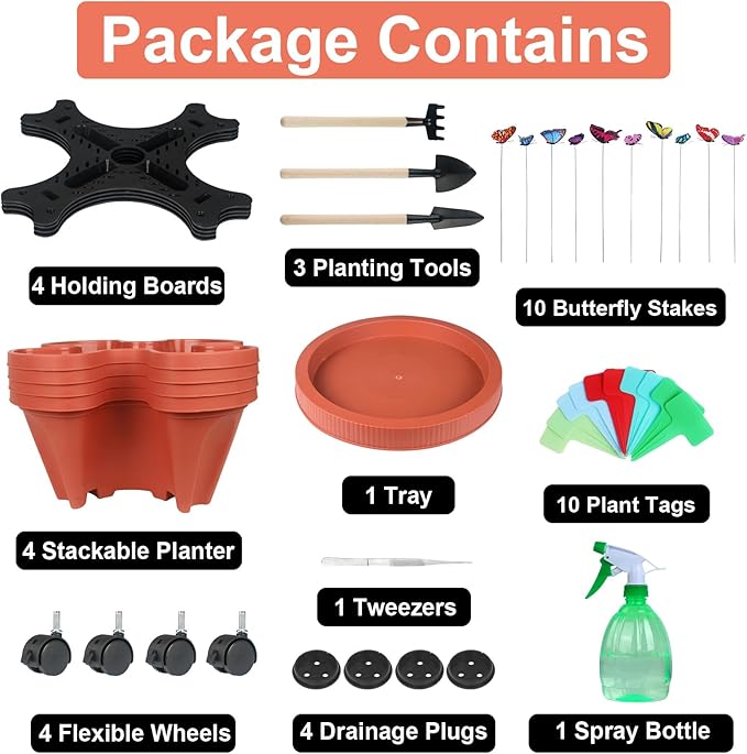 Vertical Planter 4 Tier Stackable Planters Garden Planters Strawberry Herb Flower and Vegetable Planter Indoor Outdoor Gardening Pots with Removable Wheels and Tools GameXcel