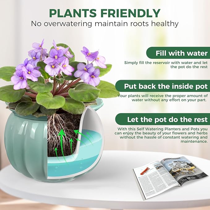 BUYMAX African Violet Pots, 6 inch Pumpkin-Style Ceramic Easy Self Watering Plant Pot for Busy Plant Lovers, Automatically Absorb Appropriate Amount of Water, Flower Pot Indoor-Plants Not Included BUYMAX