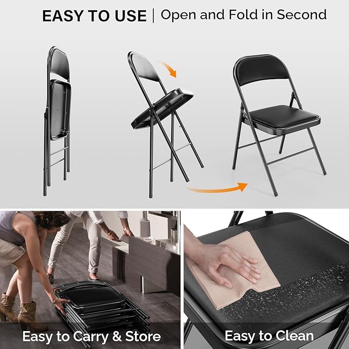 VINGLI 10 Pack Folding Chairs with Padded Seats, Metal Frame with Pu Leather Seat & Back, Capacity 350 lbs, Black VINGLI