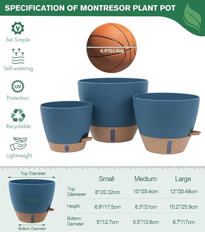 8/10/12 Inch Large Self Watering Pots for Indoor Plants Plastic Plant Pot for Outdoor Plants, Water Level Window & Spacious Reservoir Flower Pots Decorative Planter with Drainage and Tray (Blue) Montresor