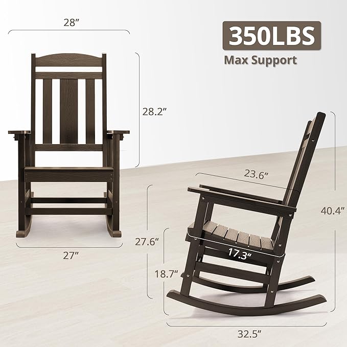 LUE BONA Outdoor Rocking Chairs Set, 3-Piece, Poly Porch Rockers with Table, Plastic Weather Resistant Rocking Chair Set for Outdoor Indoor, Garden, Backyard, 350lb, Brown, Chairs+Table LUEBONA