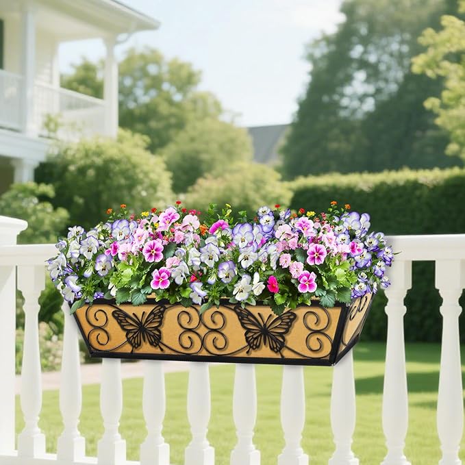 6 Pack 24 Inch Window Boxes Planters Railing Planter Box with Adjustable Brackets for Porch Fence Patio Balcony Hanging Flower Baskets with Woven Fabric for Outdoor Garden Decor - Black KarlliuHOMEGARDEN