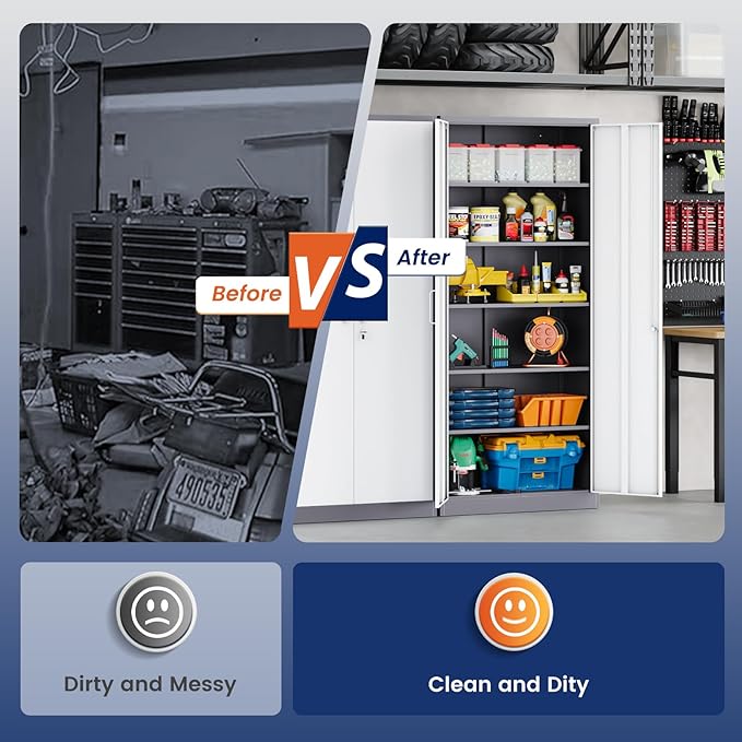 Yizosh Metal Garage Storage Cabinet with 2 Doors and 5 Adjustable Shelves - 71" Steel Lockable File Cabinet,Locking Tool Cabinets for Office,Home,Garage,Gym,School (Gray White) Yizosh