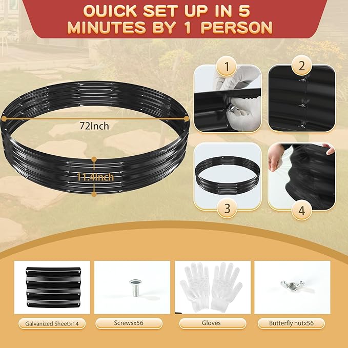 Durable Round Galvanized Steel Raised Garden Bed for Planting,Round Galvanized Steel Fire Ring/Fir Pit for Outdoor- 6×6×1FT,0.8MM Thick (Black, 72 ins Diameter x 12 ins high) zbzbml