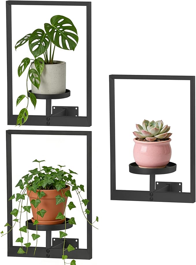 Wall Hanging Plant Stands Planter Shelves, Indoor Outdoor Window Plant Hanger Decor for Living Room Entryway (Black 3-Pack) Rootora